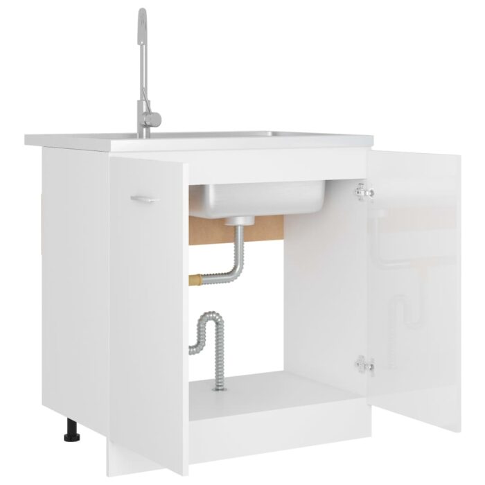 Armoire de plancher d'évier Blanc brillant Bois d’ingénierie – Image 3