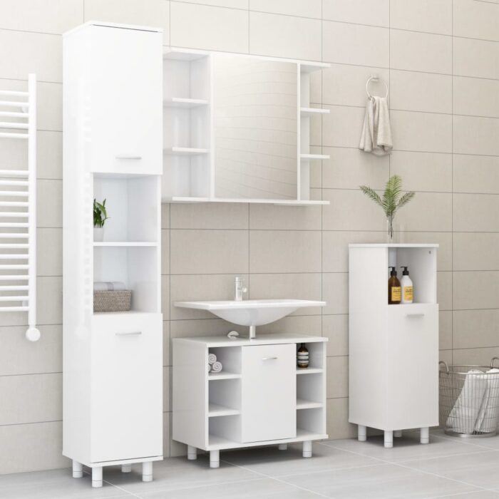 Armoire de salle de bain Blanc brillant Bois d’ingénierie – Image 2