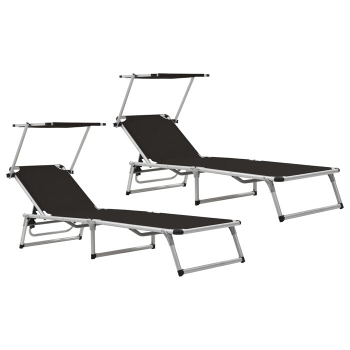Chaises longues pliables et toit lot de 2 Aluminium textilène – Image 1
