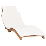 Chaise longue pliable avec coussin blanc crème Bois de teck