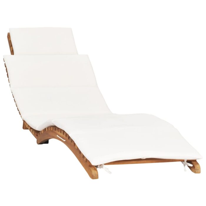Chaise longue pliable avec coussin blanc crème Bois de teck – Image 1