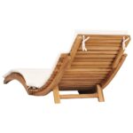 Chaise longue pliable avec coussin blanc crème Bois de teck – Image 3