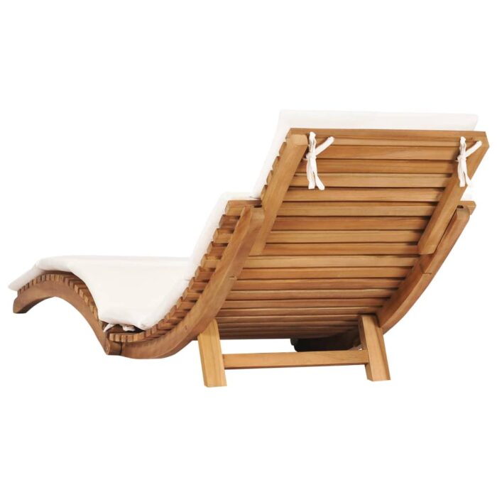 Chaise longue pliable avec coussin blanc crème Bois de teck – Image 3