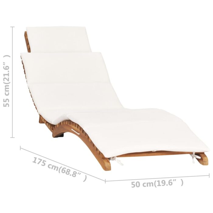 Chaise longue pliable avec coussin blanc crème Bois de teck – Image 6