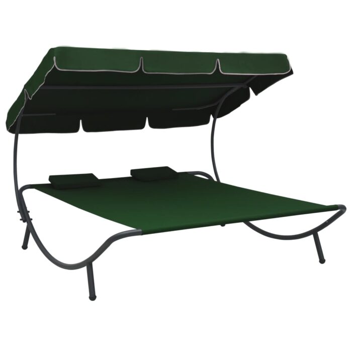 Lit de repos d'extérieur avec auvent et oreillers Vert – Image 1