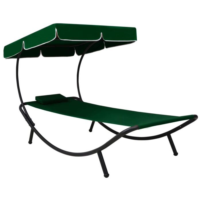 Chaise longue de jardin avec auvent et oreiller vert – Image 1
