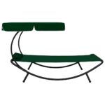 Chaise longue de jardin avec auvent et oreiller vert – Image 2