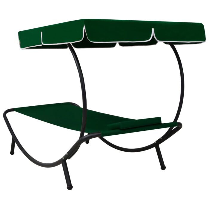 Chaise longue de jardin avec auvent et oreiller vert – Image 3