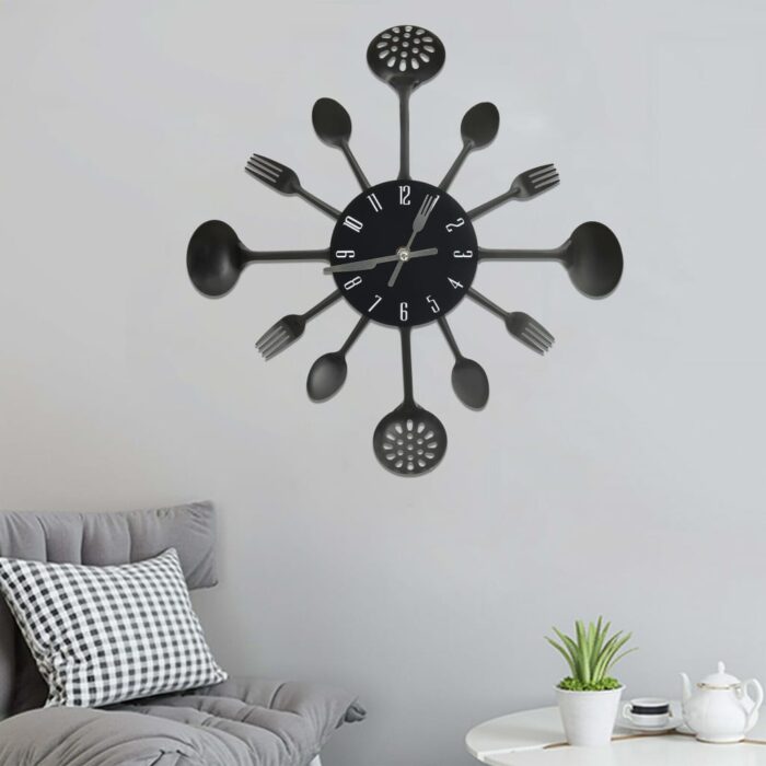 Horloge murale et cuillère avec fourchette Noir 40 cm Aluminium – Image 1