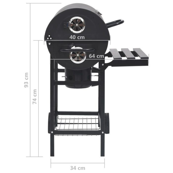 Gril à baril avec roues et étagères Noir Acier 115x85x95 cm – Image 10
