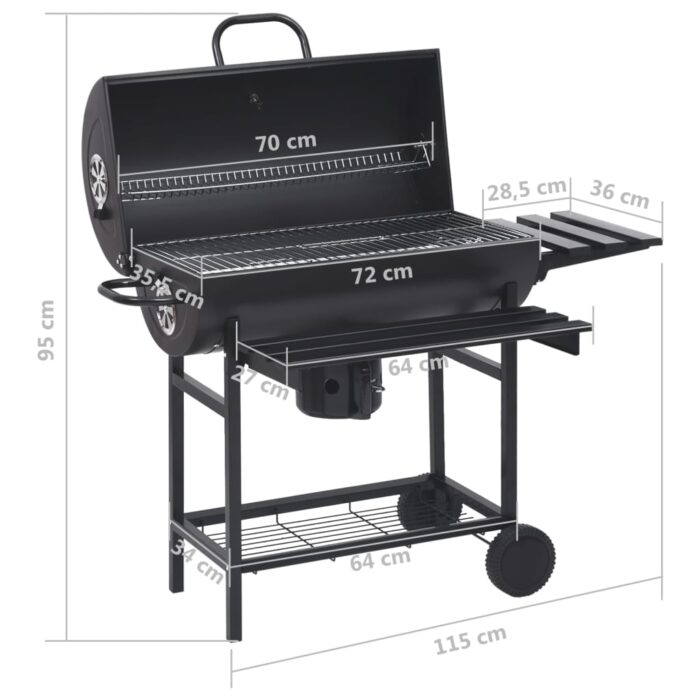 Gril à baril avec roues et étagères Noir Acier 115x85x95 cm – Image 9