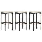 Tabourets de bar avec coussins lot de 3 marron résine tressée