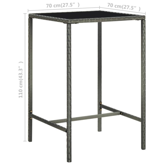 Table de bar de jardin Gris 70x70x110cm Résine tressée et verre – Image 5