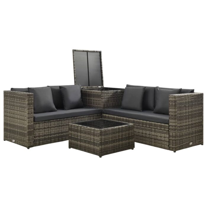 Salon de jardin 4 pcs avec coussins résine tressée gris – Image 4