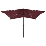 Parasol de jardin avec LED et mât en acier rouge bordeaux 2x3 m