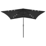 Parasol de jardin avec LED et mât en acier noir 2x3 m