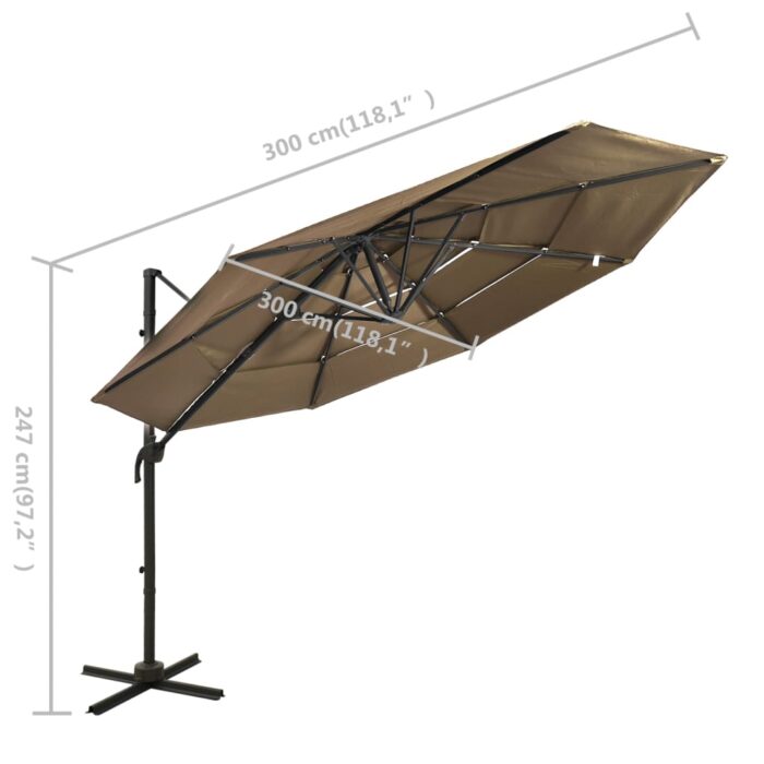 Parasol de jardin à 4 niveaux avec mât en aluminium taupe 3x3 m – Image 7