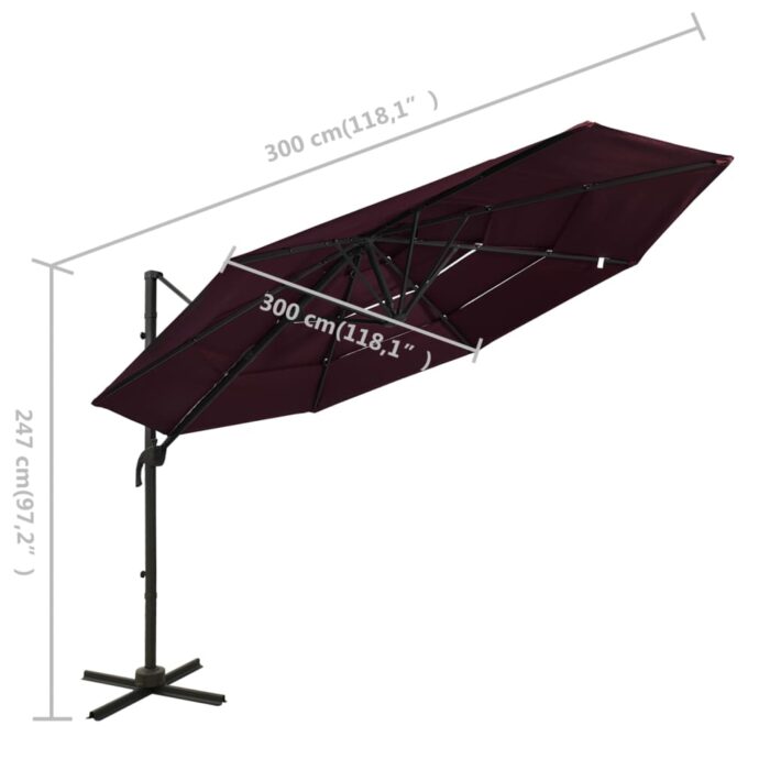Parasol de jardin à 4 niveaux mât en aluminium rouge bordeaux – Image 7