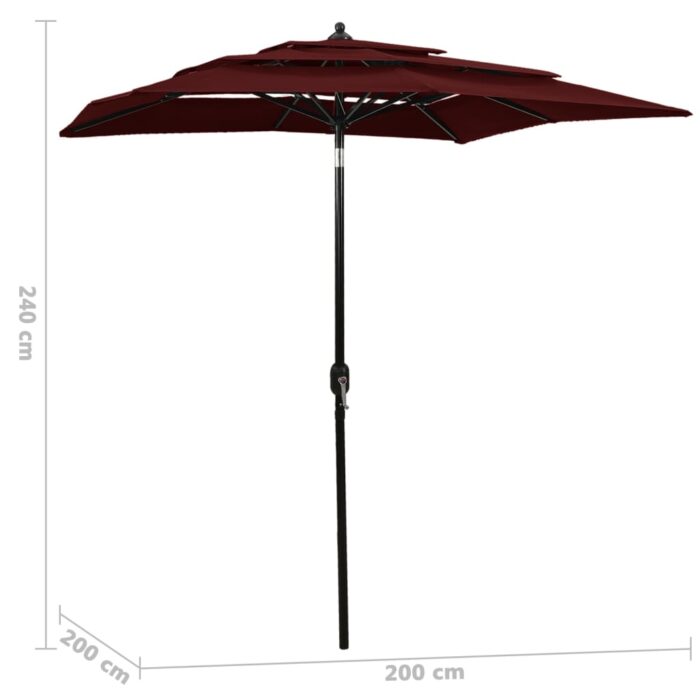 Parasol de jardin à 3 niveaux mât en aluminium rouge bordeaux – Image 5
