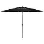 Parasol de jardin à 3 niveaux avec mât en aluminium noir 3 m