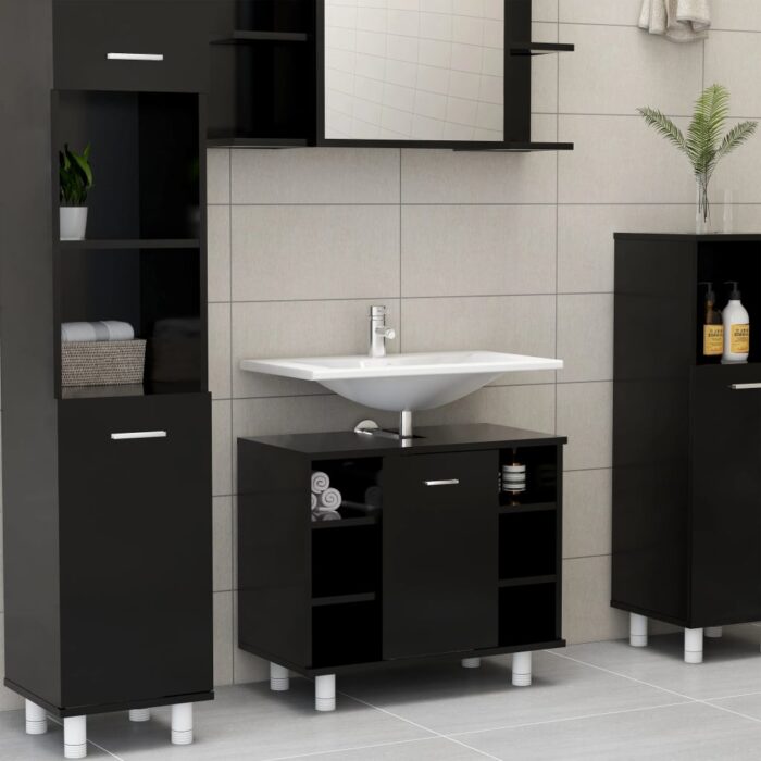 Ensemble de meubles de salle de bain 3 pcs Noir Aggloméré – Image 7