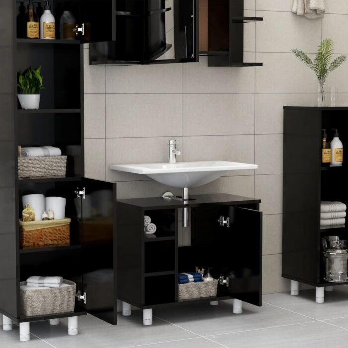 Ensemble de meubles de salle de bain 3 pcs Noir Aggloméré – Image 8