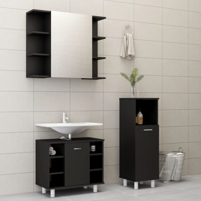 Ensemble de meubles de salle de bain 3 pcs Noir Aggloméré – Image 1