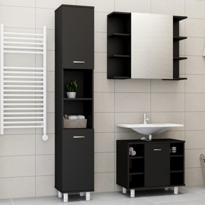 Ensemble de meubles de salle de bain 3 pcs Noir Bois ingénierie – Image 1