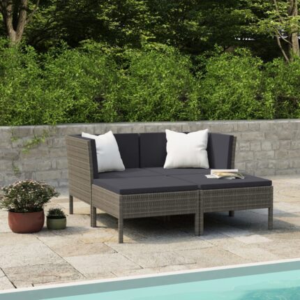 Salon de jardin 4 pcs avec coussins résine tressée gris