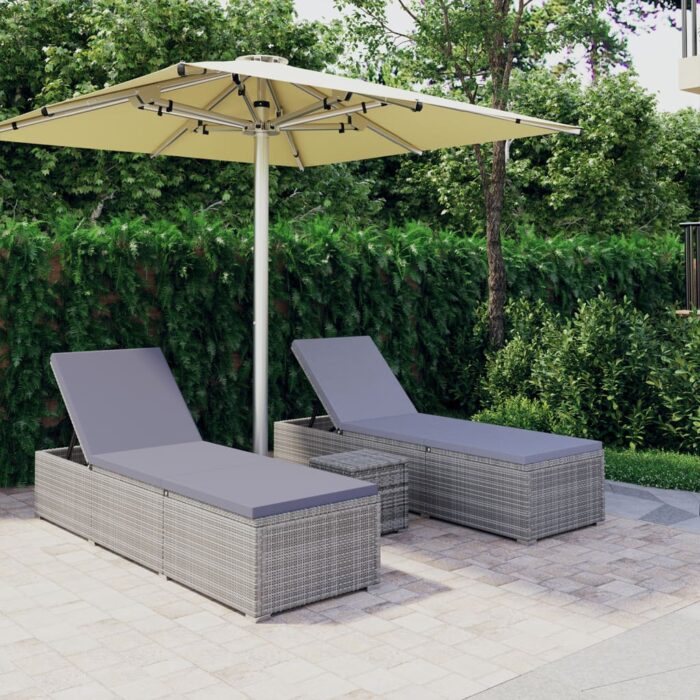 Chaises longues de jardin table à thé 3 pcs Résine tressée Gris – Image 1