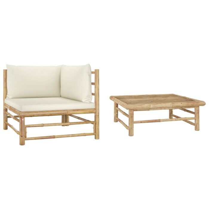 Salon de jardin 2 pcs avec coussins blanc crème Bambou – Image 1
