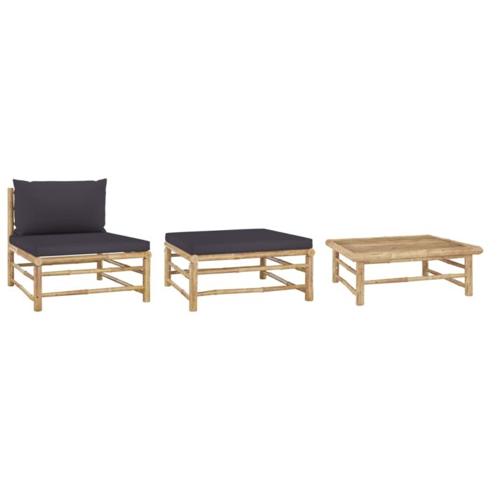 Salon de jardin 3 pcs avec coussins gris foncé Bambou – Image 1