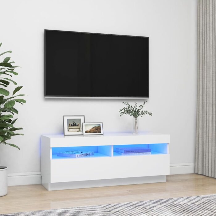 Meuble TV avec lumières LED Blanc 100x35x40 cm – Image 1