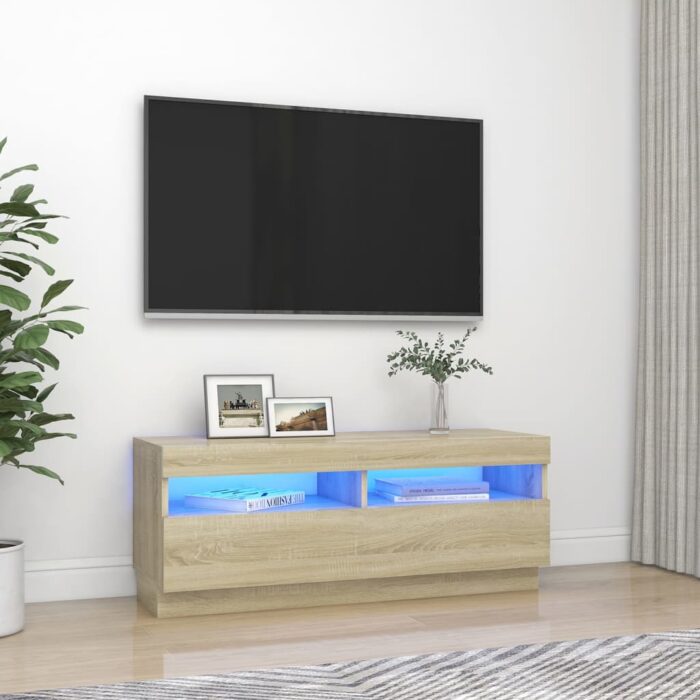 Meuble TV avec lumières LED chêne sonoma 100x35x40 cm – Image 1