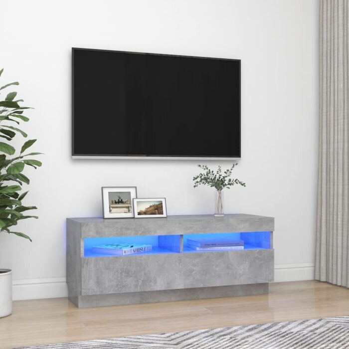 Meuble TV avec lumières LED gris béton 100x35x40 cm – Image 1