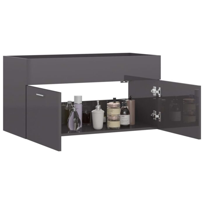 Armoire d'évier Gris brillant 90x38,5x46 cm Bois d’ingénierie – Image 2