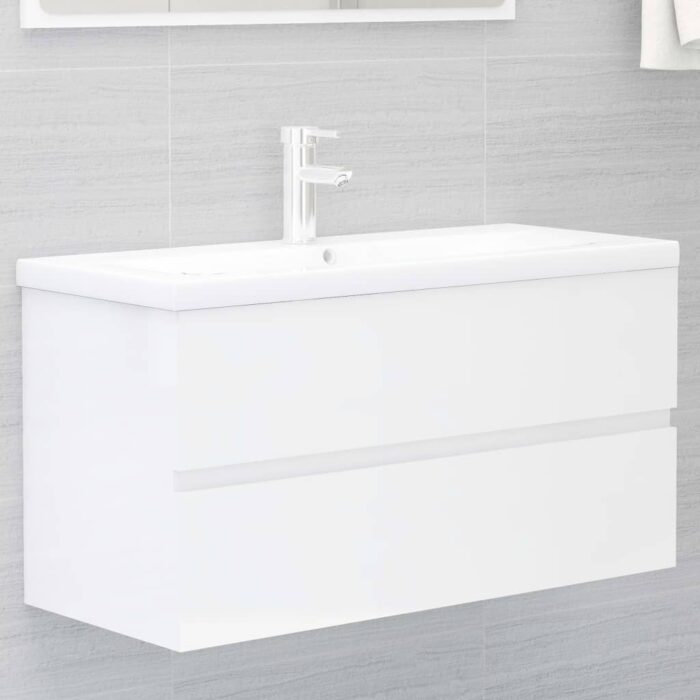 Armoire d'évier Blanc brillant 90x38,5x45 cm Bois d'ingénierie – Image 1