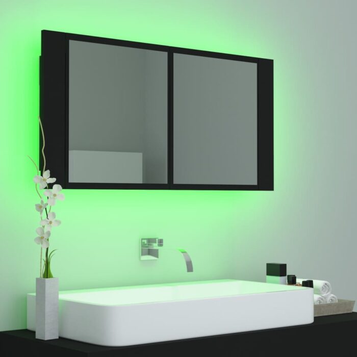 Armoire à miroir de salle de bain LED Noir 90x12x45 Acrylique – Image 2