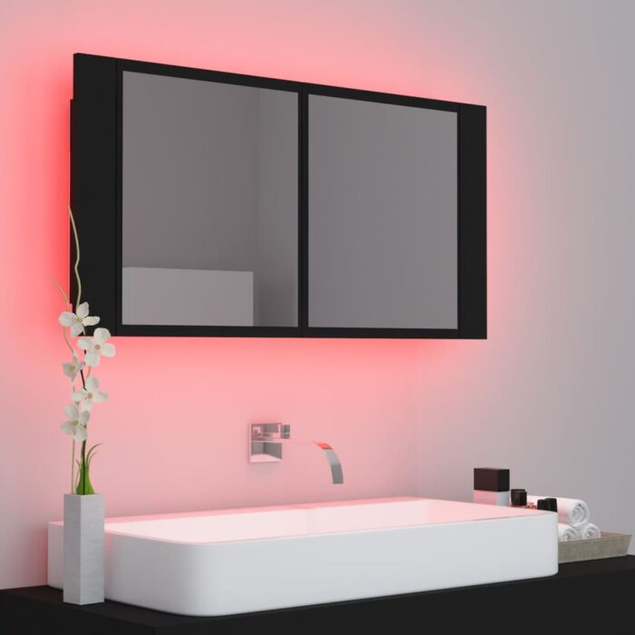 Armoire à miroir de salle de bain LED Noir 90x12x45 Acrylique – Image 3