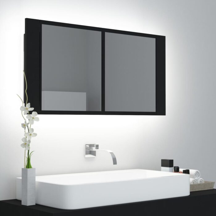 Armoire à miroir de salle de bain LED Noir 90x12x45 Acrylique – Image 1