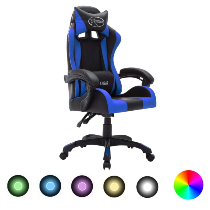 Fauteuil de jeux vidéo avec LED RVB Bleu et noir Similicuir – Image 1