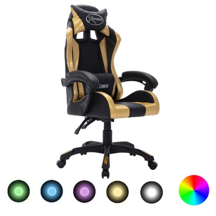Fauteuil de jeux vidéo avec LED RVB Doré et noir Similicuir – Image 1