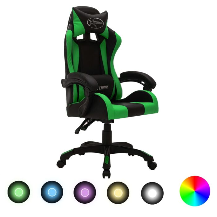 Fauteuil de jeux vidéo avec LED RVB Vert et noir Similicuir – Image 1