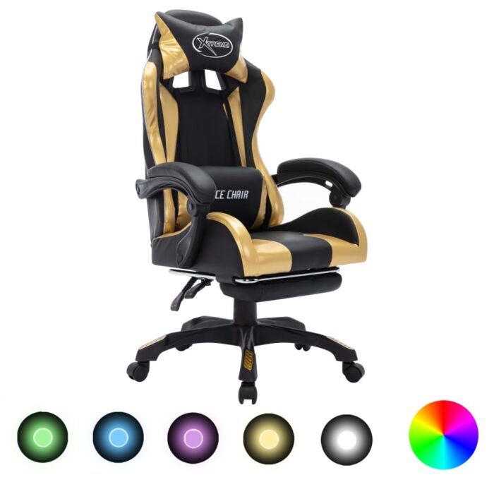 Fauteuil de jeux vidéo avec LED RVB Doré et noir Similicuir – Image 1