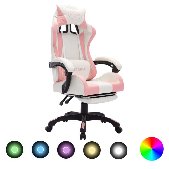 Fauteuil de jeux vidéo avec LED RVB Rose et blanc Similicuir – Image 1