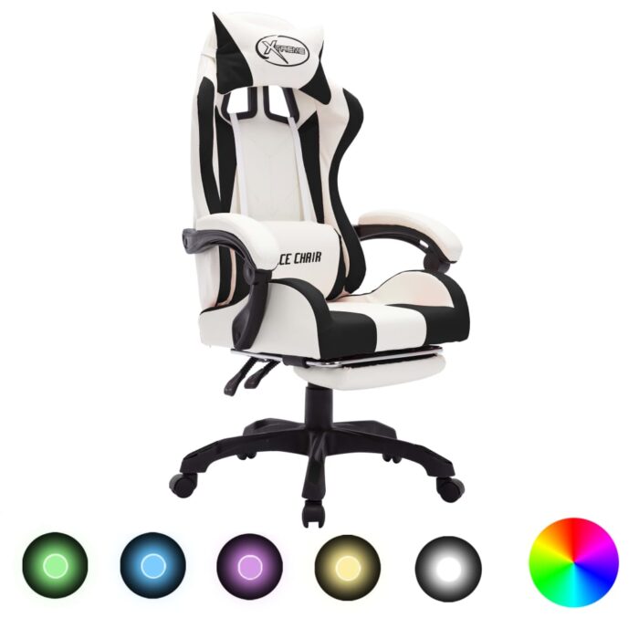 Fauteuil de jeux vidéo avec LED RVB Noir et blanc Similicuir – Image 1