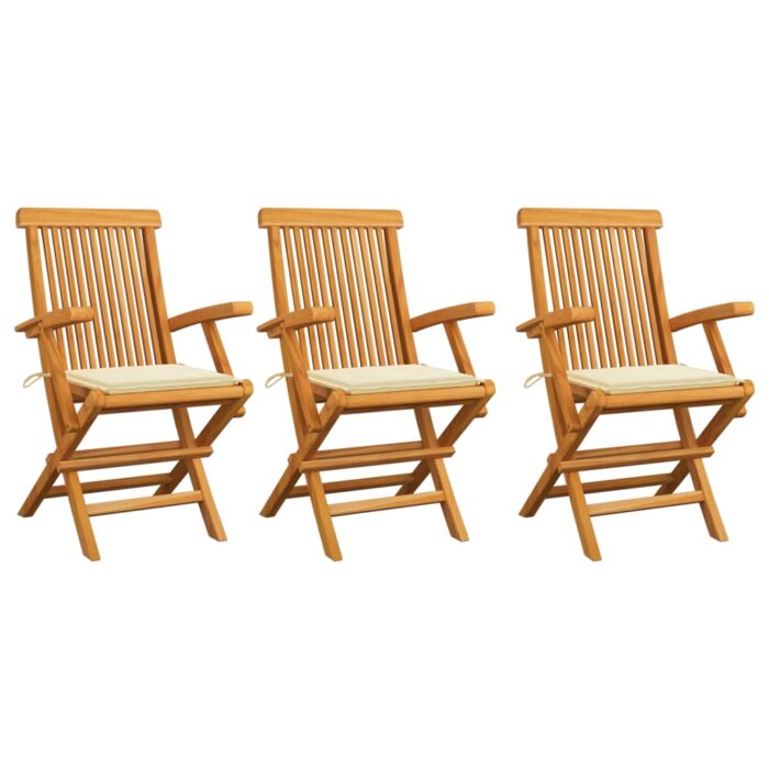 Chaises de jardin avec coussins crème lot de 3 Bois teck massif – Image 1