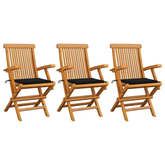 Chaises de jardin avec coussins noir lot de 3 Bois teck massif – Image 1