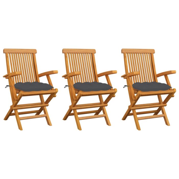 Chaises de jardin avec coussins anthracite lot de 3 Bois teck – Image 1