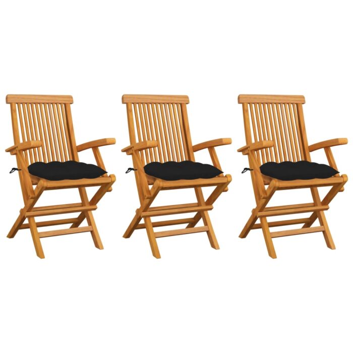 Chaises de jardin avec coussins noir lot de 3 Bois teck massif – Image 1